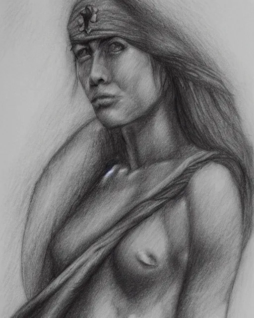 Prompt: A beautiful woman warrior, faded background of a pirate ship at a deserted island, realism pencil drawing on white paper, bald lines