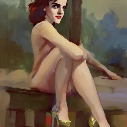 Prompt: sexy pinup art of emma watson in the role of hermione granger, artwork by greg manchess, cinematic composition, award winning, 1 9 5 6