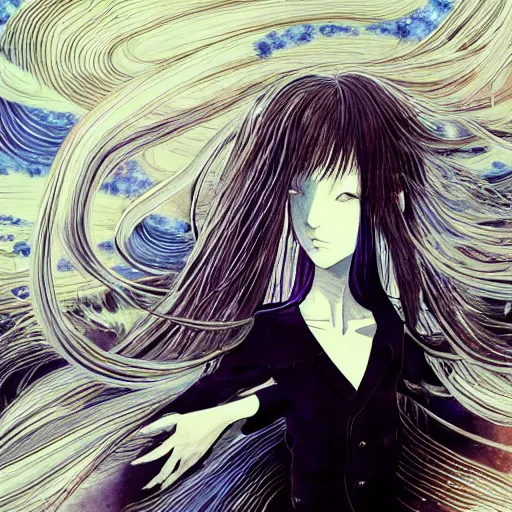 Image similar to yoshitaka amano realistic illustration of an anime girl with black eyes and long wavy white hair wearing dress suit with tie and surrounded by abstract junji ito style patterns in the background, subtle color palette, blurry and dreamy illustration, noisy film grain effect, highly detailed, oil painting with expressive brush strokes, weird camera angle, three quarter view portrait