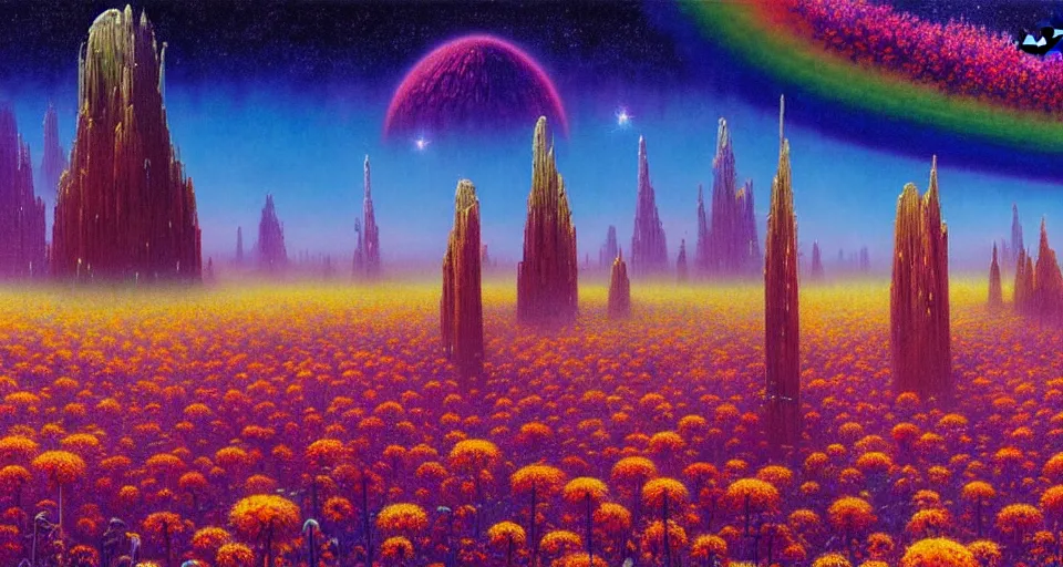 Image similar to a beautiful cinematic view of a large 3 d mystical alien shrine in a field of rainbow colored flowers, underneath a star filled night sky, harold newton, zdzislaw beksinski, donato giancola, warm coloured, gigantic pillars and flowers, maschinen krieger, beeple, star trek, star wars, ilm, atmospheric perspective