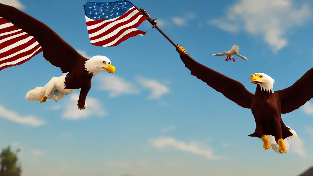 Image similar to a dog with a trident flying with a bald eagle, bald eagle, patriotic, highly detailed, unreal engine