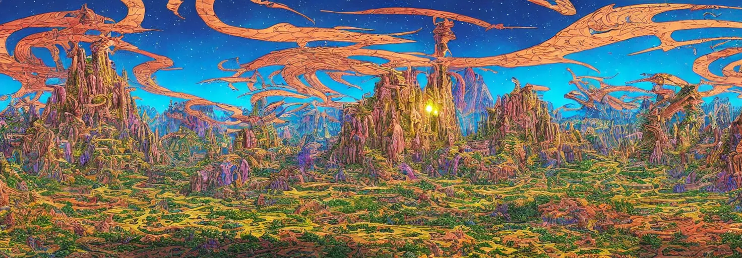 Prompt: beautiful landscape mural of a great advanced civilization in an alien planet, lush landscape, vivid colors, intricate, highly detailed, masterful, fantasy world, in the style of moebius, akira toriyama, jean giraud