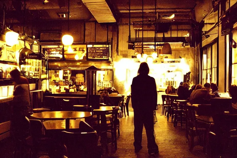 Prompt: 2 0 0 0 s photograph of a demon standing in a dimly lit cafe