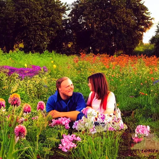 Image similar to two lovers sit in a garden, surrounded by a field of flowers. the sun sets in the distance, casting a warm glow over the scene.