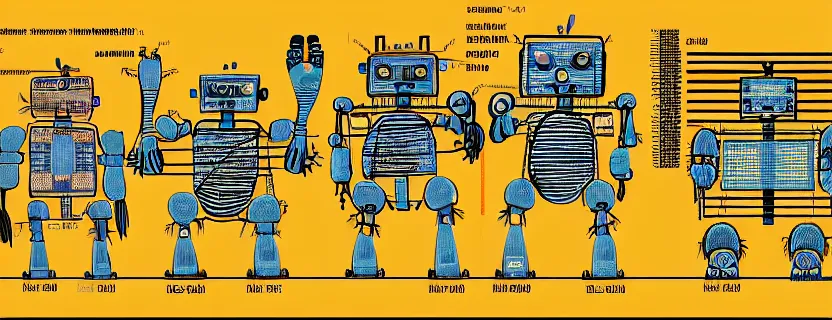 Image similar to an evolution diagram from left to right of robots, 8 k, hyper realistic.