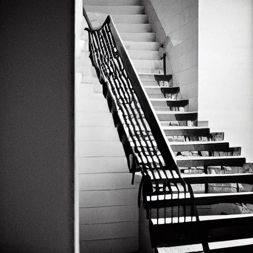 Prompt: black and white press photograph, highly detailed interior constructed only with concrete stairs, detailed textures, natural light, mist, architecture photography, film grain, soft vignette, sigma 8 5 mm f / 1. 4 1 / 1 0 sec shutter, darren aronofsky film still promotional image, imax 7 0 mm footage