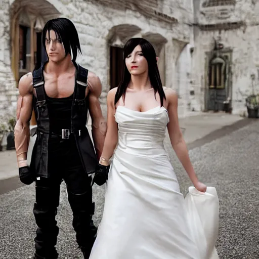 Image similar to Tifa Lockhart and Cloud Strife from Final Fantasy VII Remake in a wedding, shot on iphone, hyperdetailed