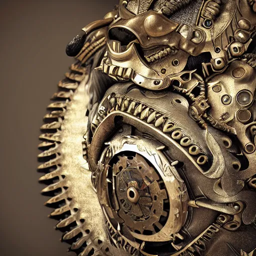 Image similar to A steampunk lion portrait made of engraved full plate armor and gears, Macro shot by Justin Gerard, unreal engine, physically based rendering