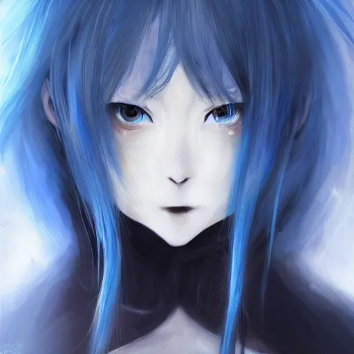 Image similar to full face shot of rimuru tempest, sky blue straight hair, long bangs, closed eyes, wearing a fancy black jacket, high collar, ultra detailed, brush strokes, digital painting, cinematic, wlop artstation, closeup, pixiv, eerie, scary, overpowering, evil, yoshitaka amano, junji ito,