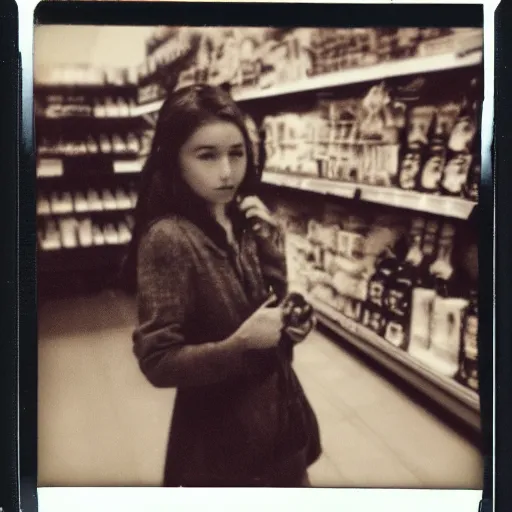 Prompt: a very beautiful old Polaroid picture of a young women inside a supermarket, award winning photography