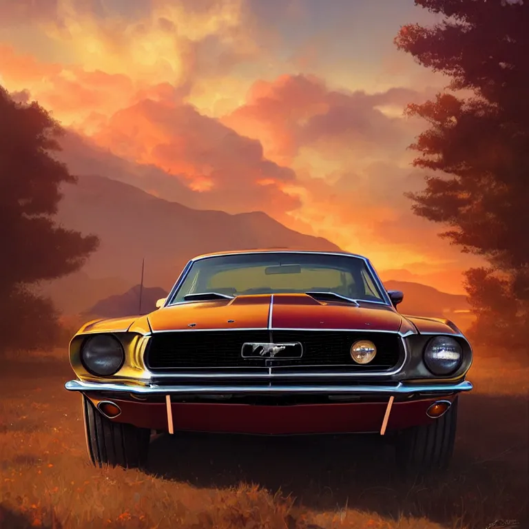 Image similar to a 1 9 6 8 mustang from behind driving down a country road, coriolios rpg art style, full of details, warm sunset colors, matte painting, artstation, 8 k, hyperrealistic, style of peter mohrbacher, album cover