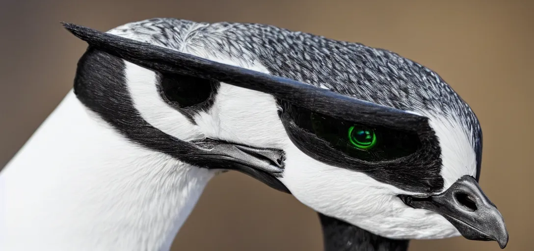 Image similar to close up wide fov shot of a suspicious goose wearing shades. 8 k photography, depth of field, canon dslr