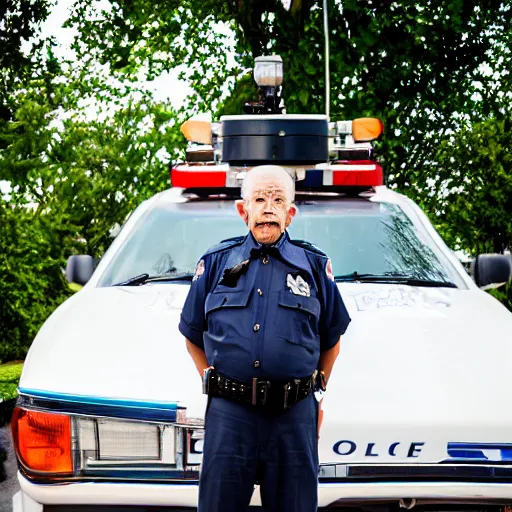 Image similar to an elderly man standing on the roof of a police car, canon eos r 3, f / 1. 4, iso 2 0 0, 1 / 1 6 0 s, 8 k, raw, unedited, symmetrical balance, wide angle