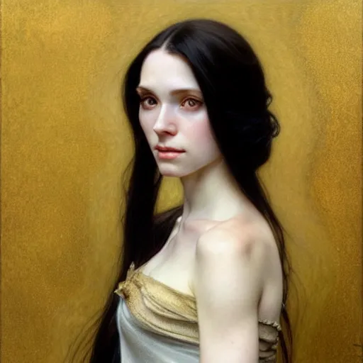 Image similar to Portrait of a beautiful, pale skin, female with long black hair, dark brown eyes, gentle smiling expression, elegant clothing, photorealistic, highly detailed, artstation, smooth, sharp focus, art by Klimt, artgerm, Greg Rutkowski and Alphonse Mucha