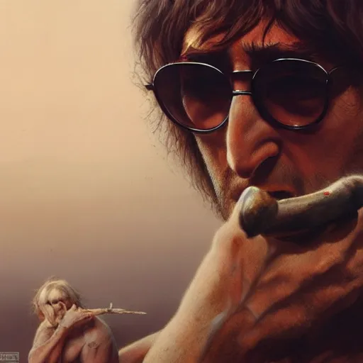 Image similar to john lennon as ritualistic cannibal, ultra realistic, concept art, intricate details, highly detailed, photorealistic, octane render, 8 k, unreal engine, art by frank frazetta, simon bisley, brom