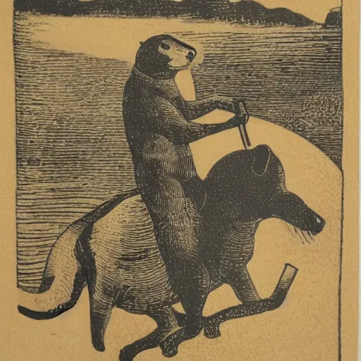 Prompt: woodblock print of an otter riding horseback