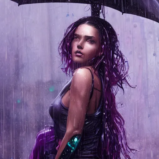 Prompt: very detailed masterpiece painting of a very beautiful wet young cyberpunk woman with olive skin, dark purple hair and cybernetics, cyberpunk background, raining, closeup, portrait, artstation, concept art by greg rutkowski