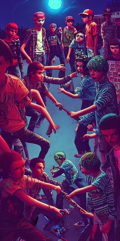 Image similar to young punk rockers fighting against zombies at the playground, by baseball bat in the retro wave stranger things style, neon colors, hyper detailed, digital art, cinematic lighting, concept art by artgerm and greg rutkowski and caravaggio and moebius and jakub rebelka, 8 k