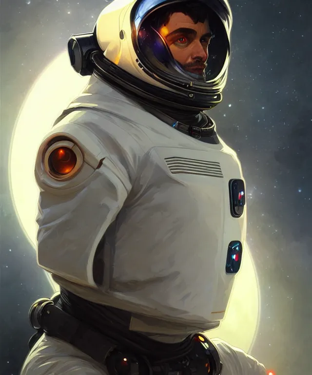 Image similar to Hacker spaceman portrait, highly detailed, digital painting, artstation, concept art, smooth, sharp focus, illustration, art by artgerm and greg rutkowski and alphonse mucha