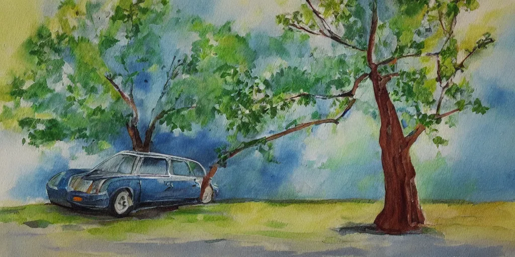 Prompt: simple painting of a tree growing from a car