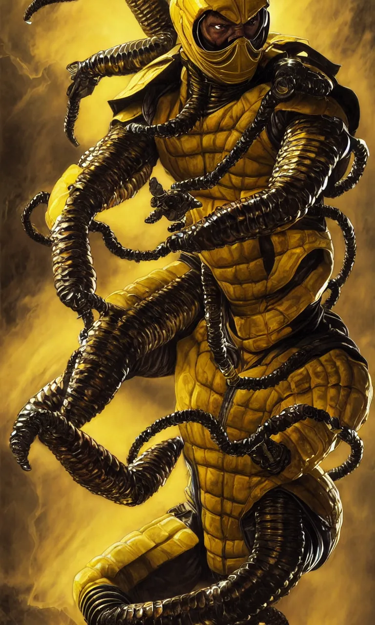 Prompt: hyper realistic full body portrait of scorpion from mortal kombat, yellow ninja exosuit, dynamic chain movement around him, by lee bermejo, alphonse mucha and greg rutkowski