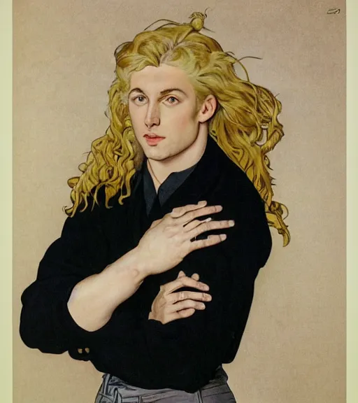 Image similar to clean cel shaded art of a pale androgynous blond young man, long fluffy curly blond hair, light platinum long blond hair, wearing black leather riding pants and a white poet shirt, Alexandre Cabanel, norman rockwell, peter paul rubens, maler collier, frank frazetta, alphonse mucha, gustav klimt 4k, unreal 5, DAZ, french noveau, trending on artstation, octane render, hyperrealistic