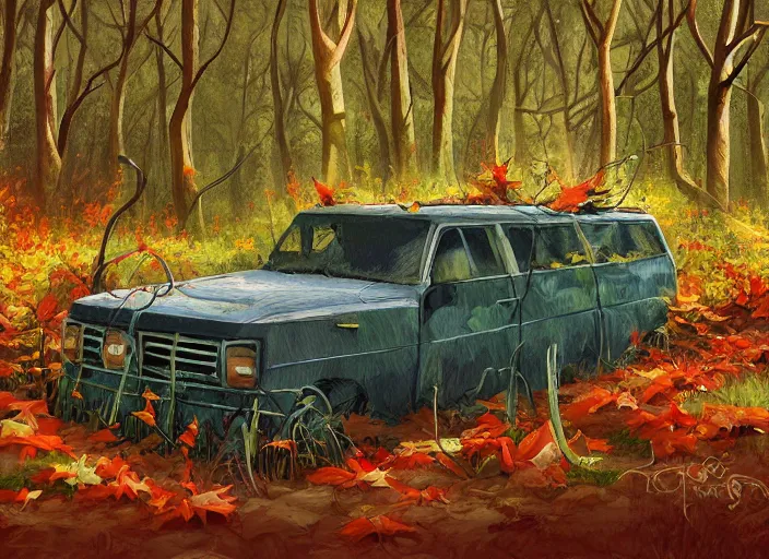 Image similar to A painting of an overgrown car in a forest, vines coming down from the tall trees, autumn, rocky ground, digital art, trending on Artstation, immaculate scale, amazing composition, cartoon illustration