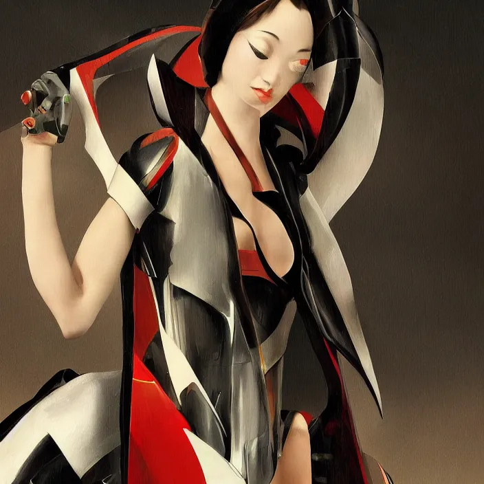 Image similar to slick and aerodynamic hypergirl of the orient, shenzhen fashion, hd, concept art, digital painting, by caravaggio, in the style of the italian futurists