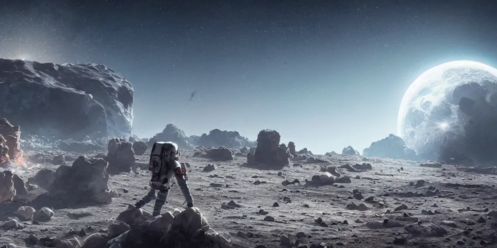 Image similar to standing on earth looking at the moon in the distance seeing a huge asteroid destroying the moon, a lot of flying debris, greg rutkowski, 8 k, shallow depth of field, ultra high detail, concept art,