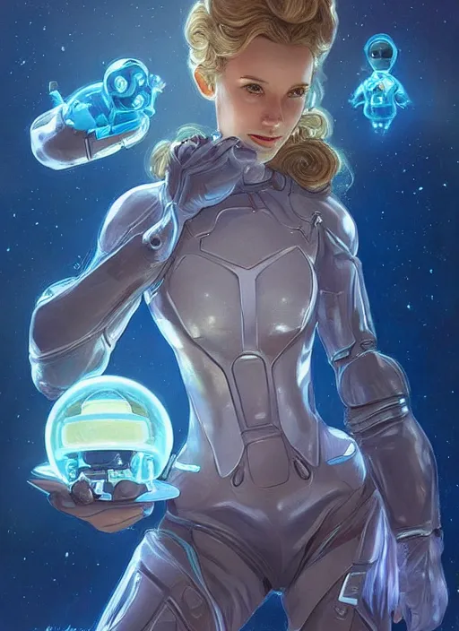 Image similar to beautiful space cottagecore, princess rosalina!!!, holding a small robot wearing a scifi jetsuit, intricate bioluminescent highly detailed, digital painting, artstation, concept art, smooth, sharp, focus, illustration, art by artgerm and ilya kushvikov and alphonse mucha