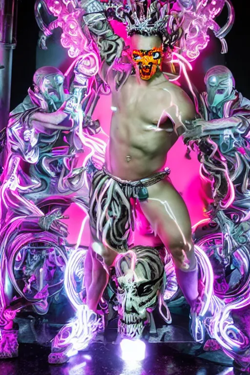 Image similar to full-body rococo and cyberpunk style neon statue of a muscular attractive Sean Mendezz wearing cholo shades macho dotado e rico android sim roupa reclining con las piernas abertas e la piroca dura, ethereal white dripping tar, glowing orange lasers, pink tigers, glowing eyes, silver prince crown, black gears, pink diamonds, swirling mint-colored silk fabric. futuristic elements. full-length view. human skulls. large intricate artwork by caravaggio. Trending on artstation, octane render, cinematic lighting from the right, hyper realism, octane render, 8k, depth of field, 3D