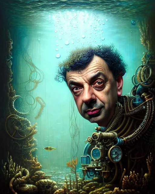 Image similar to underwater steampunk portrait of rowan sebastian atkinson, by tomasz alen kopera and peter mohrbacher