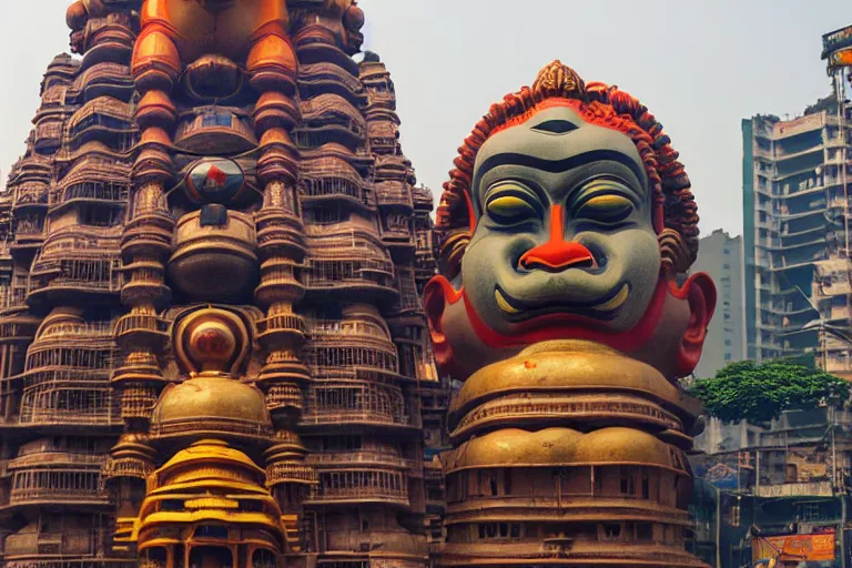 Image similar to high quality 3 d cyberpunk biomorphic hanuman head building in the middle of mumbai!!, kalighat highly detailed, cinematic smooth, stephen shore & john j. park, soft morning light, wide shot, high angle, uhd 8 k, deep focus