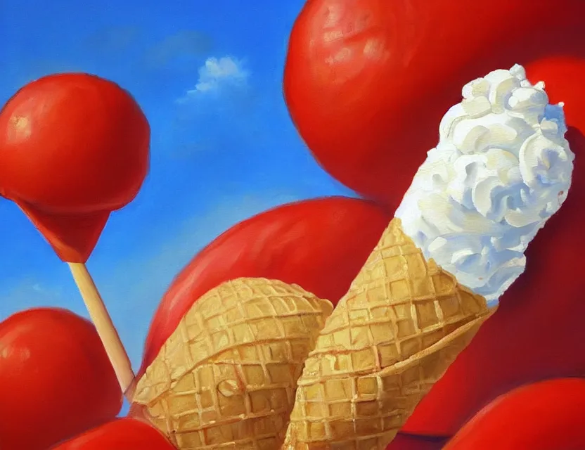 Image similar to a realistic painting of a lazy tomato on a sunny beach eating ice cream white clouds in a cone