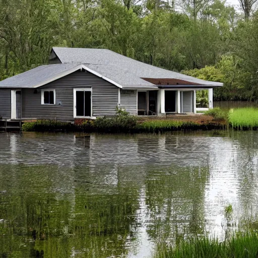 Image similar to a suburban home in a swamp,