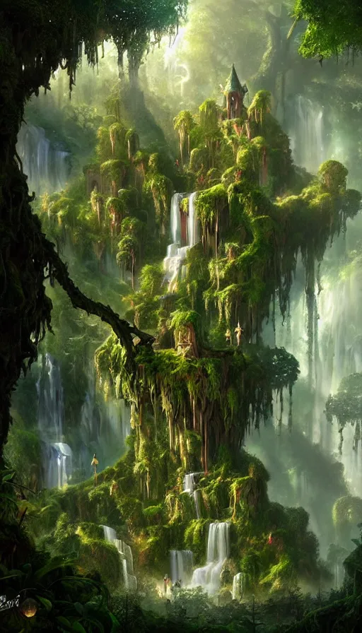 Image similar to fairy palace, castle towers, waterfall of gold and gems, gnarly trees, lush vegetation, forest landscape, painted by tom bagshaw, raphael lacoste, eddie mendoza, alex ross concept art matte painting