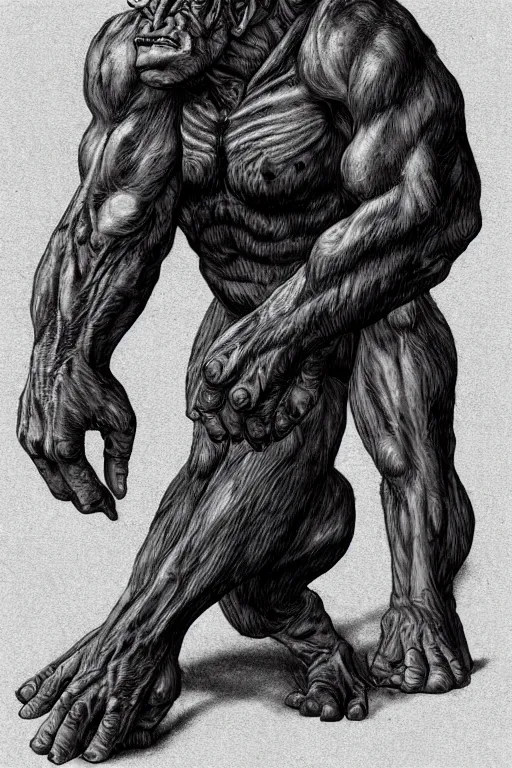 Prompt: humanoid hunched figure troll with 1 horn, ogre, ape, highly detailed, digital art, sharp focus, trending on art station, kentaro miura manga art style