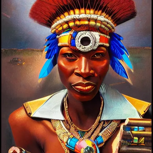 Prompt: a retro futuristic african tribal chief, art by drew struzan & joseph christian leyendecker, highly detailed, digital painting, concept art, smooth sharp focus, intricate,