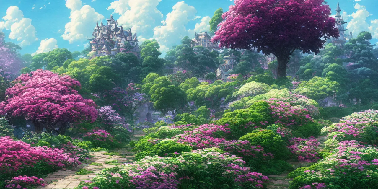 Prompt: a beautiful painting of a flowers, plants, clouds, castles, rain, hayao miyazaki's animation style, 8 k, hd ， by hasui kawase and thomas kinkade, trending on artstation