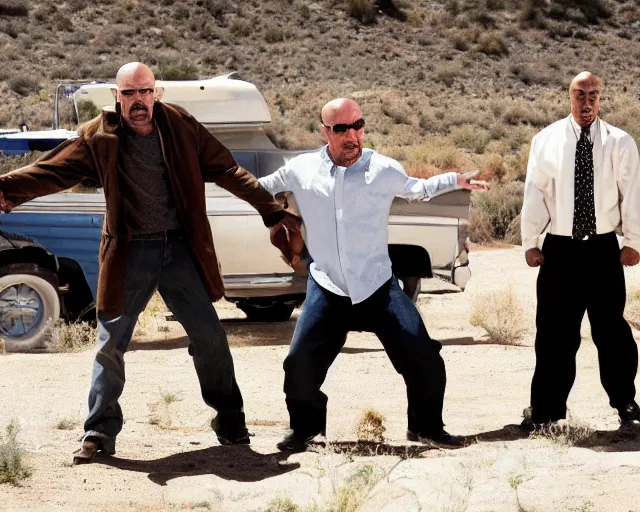 Image similar to walter white having a rap battle against saul goodman, movie still,