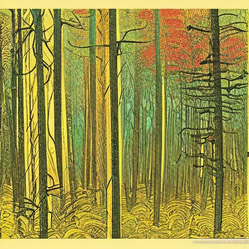 Image similar to a foggy golden forest, colored woodcut, poster art, by Mackintosh, art noveau, by Ernst Haeckel, bright pastel colors