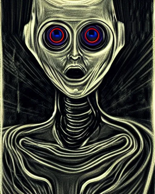 Image similar to scary portrait of a female robot with glowing eyes, similar to the scream drawing by Edvard Munch