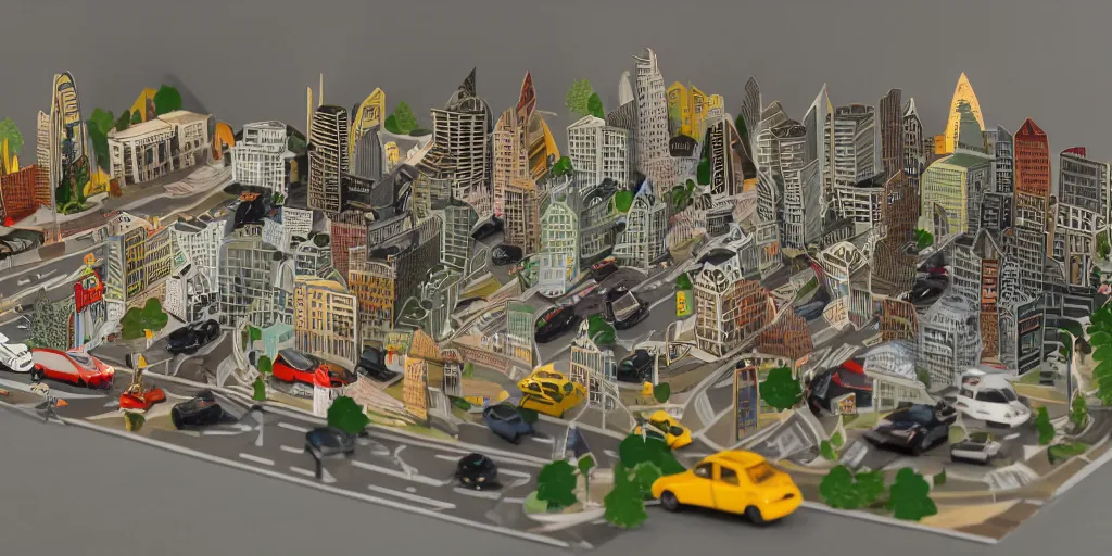 Image similar to paper craft diorama of a city with people and cars