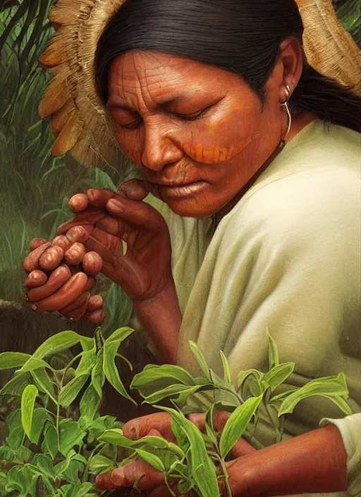 Image similar to a beautiful close up portrait of an indigenous woman preparing plant medicines in the jungle, highly detailed, art by christophe vacher