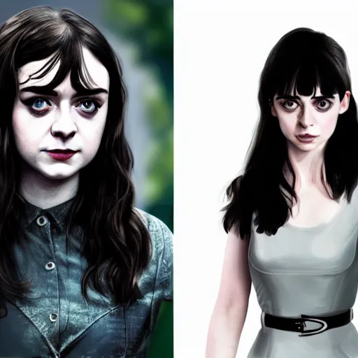 Image similar to a combination of Maisie Williams, Krysten Ritter, Anne Hathaway and Natalia Dwyer Christina Ricci and Lily Collins trending on artstation, long hair, dark eyes