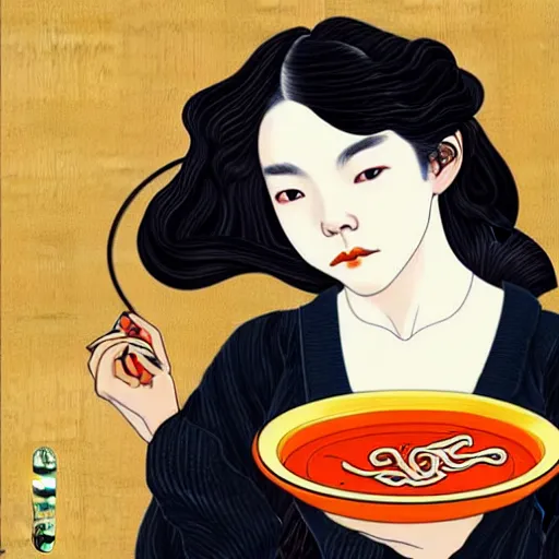 Image similar to beautiful japanese female model eating ramen soup portrait in the style of art nouveau anya taylor - joy