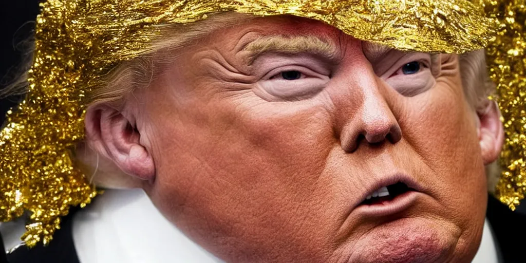 Prompt: Donald Trump covered in gold and diamonds at a press briefing AP news photo