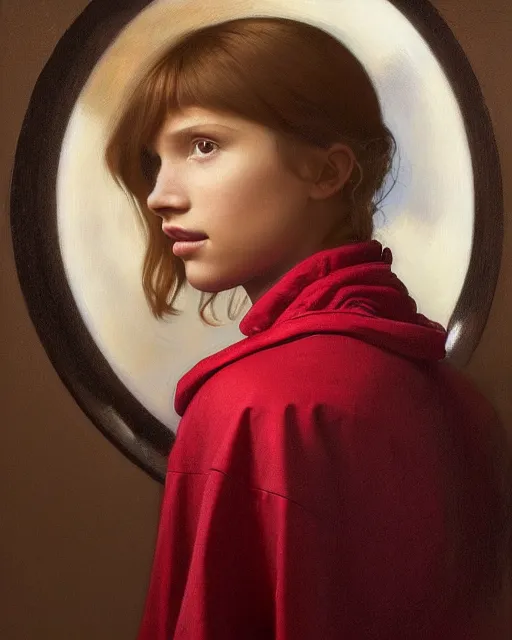 Prompt: a window - lit realistic portrait painting of a thoughtful girl resembling a young, shy, redheaded alicia vikander or millie bobby brown wearing a futuristic red plastic spacesuit, lit by an oval window at the side, highly detailed, intricate, by vermeer, william bouguereau, and donato giancola, and vermeer