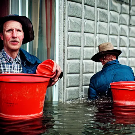 Image similar to closeup potrait of Dutch people with buckets in a flood in Amsterdam, photograph, natural light, sharp, detailed face, magazine, press, photo, Steve McCurry, David Lazar, Canon, Nikon, focus