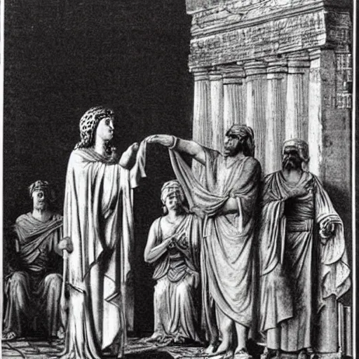 Image similar to the oracle in delphi giving a prophecy to the king of thera, 6 3 0 bc